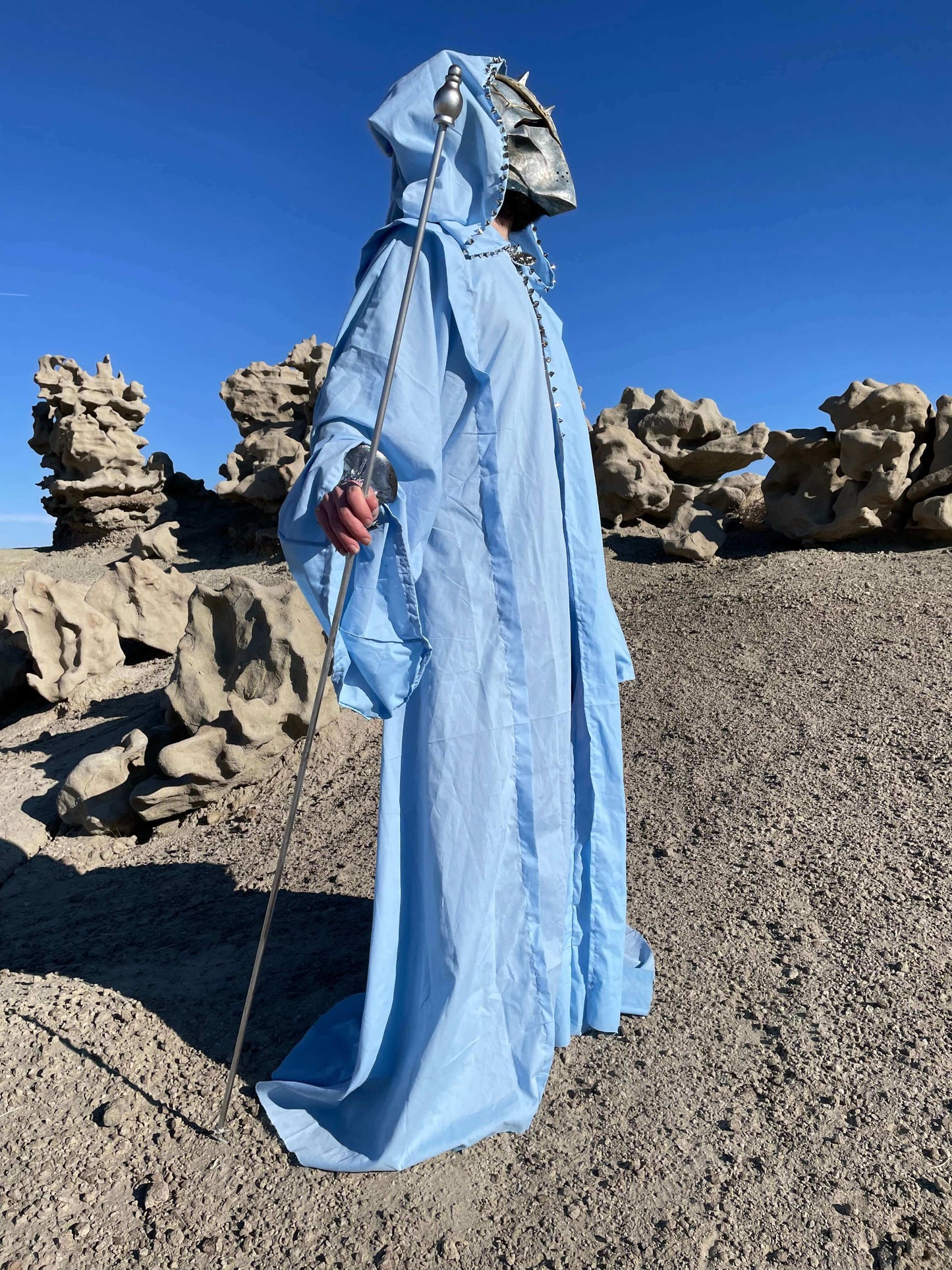 Powder Blue Partially Studded Full Cloak with Bell Sleeves and Oversized Hood