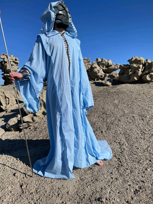 Powder Blue Partially Studded Full Cloak with Bell Sleeves and Oversized Hood