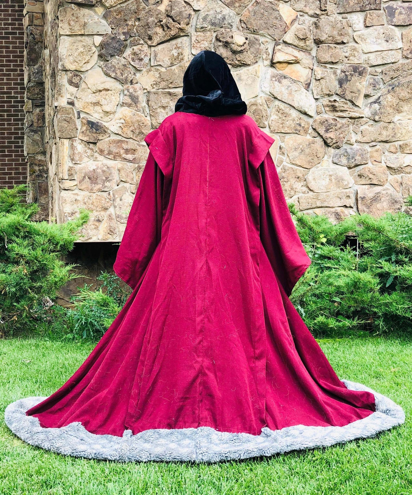 Kings Robe: Fur Trimmed Linen Weave with Lined Velvet Hood Custom Color and Faux Fur