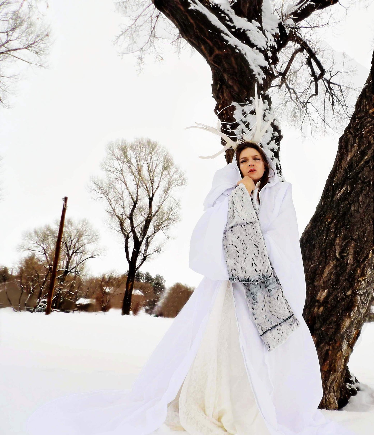 White Full Robe with Gray Faux Fur Trim